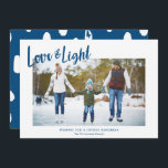 Modern Love & Light Blue Hanukkah Photo Feiertagskarte<br><div class="desc">A simple, stylish Hanukkah photo card design, featuring modern typography reading "Love & Light" in blue over a white background. Modern styled text templates are included for personalization, as well as a splotch pattern in white and blue on the back of the card. For design or product inquiries please feel...</div>