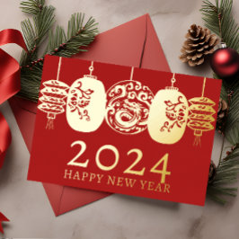 Modern Lunar New Year Gold Dragon Lantern Folien Feiertagskarte