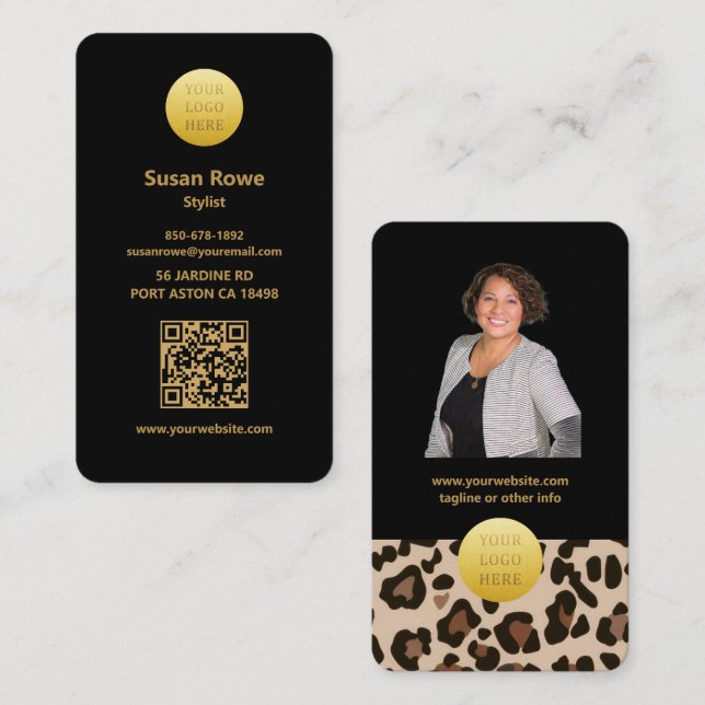 Modern Luxe Glam Leopard Pattern Black QR Code Visitenkarte (Vorne/Hinten)