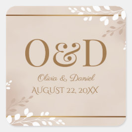 Modern Luxe Neutral & Gold Monogram Wedding Quadratischer Aufkleber