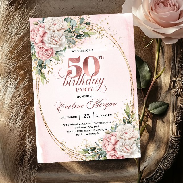 Modern Luxe Rose Gold 50th Birthday Party Invites Einladung (Modern Luxe Rose Gold 50th Birthday Party Invitation)