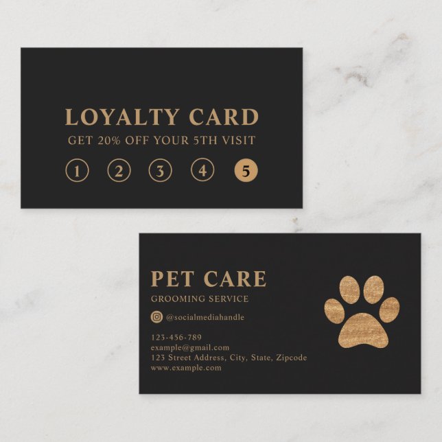 Modern Luxury Charcoal Gold Pet Paw Loyalty Card Visitenkarte (Vorne/Hinten)