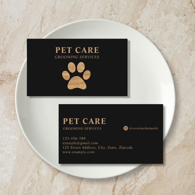 Modern Luxury Golden Black Paw Pet Grooming Visitenkarte (modern black gold paw pet grooming business card)