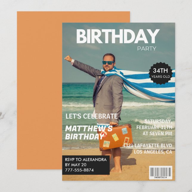 Modern Magazine Cover für ihn 34. Geburtstag Einladung (Vorne/Hinten)