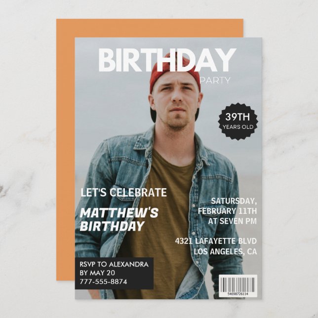 Modern Magazine Cover für ihn 39. Geburtstag Einladung (Vorne/Hinten)