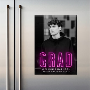 Modern Magenta Neon Vertical Photo Graduation Magneteinladung