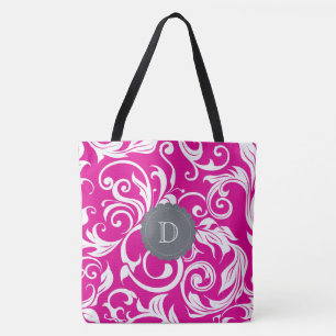 Modern Magenta Pink Grey Floral Wallpaper Monogram