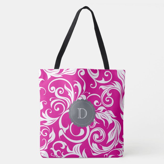 Modern Magenta Pink Grey Floral Wallpaper Monogram (Vorderseite)