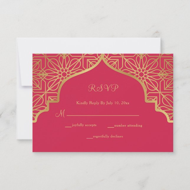 Modern Magenta Red Gold Wedding RSVP Karte (Vorderseite)