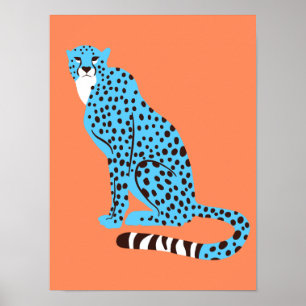Modern Malibu Blue Cheetah auf Lachs Orange Poster