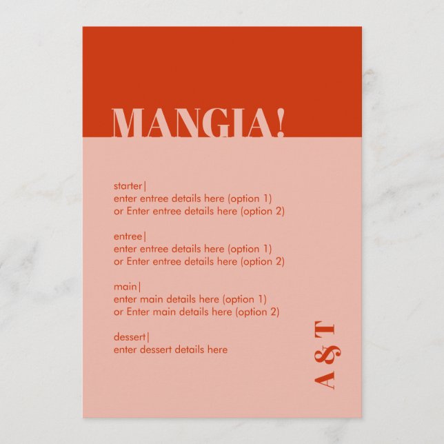 Modern Mangia Italia Burnt Orange Wedding Menu Programm (Vorderseite)