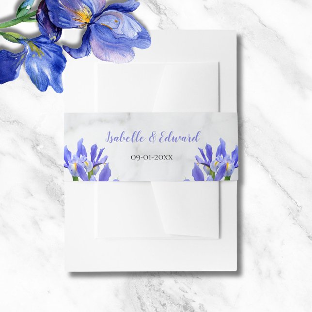 Modern Marble Blue Irises Floral Bouquet Wedding Einladungsbanderole (Von Creator hochgeladen)