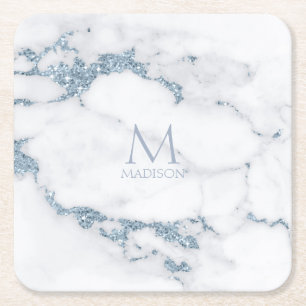 Modern Marble Glitter Monogram Dusty Blue ID816 Rechteckiger Pappuntersetzer