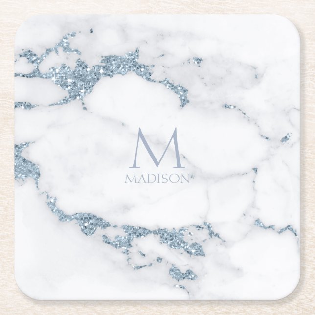Modern Marble Glitter Monogram Dusty Blue ID816 Rechteckiger Pappuntersetzer (Vorderseite)