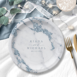 Modern Marble Glitter Wedding Dusty Blue ID816 Pappteller