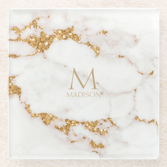 Modern Marble Glitzer Monogram Gold ID816 Glasuntersetzer (Vorderseite)