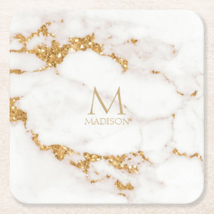 Modern Marble Glitzer Monogram Gold ID816 Rechteckiger Pappuntersetzer