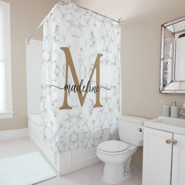Modern Marble Gold Girly Script Monogram Duschvorhang (Beispiel)