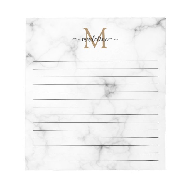 Modern Marble Gold Girly Script Monogram Lined Notizblock (Vorderseite)