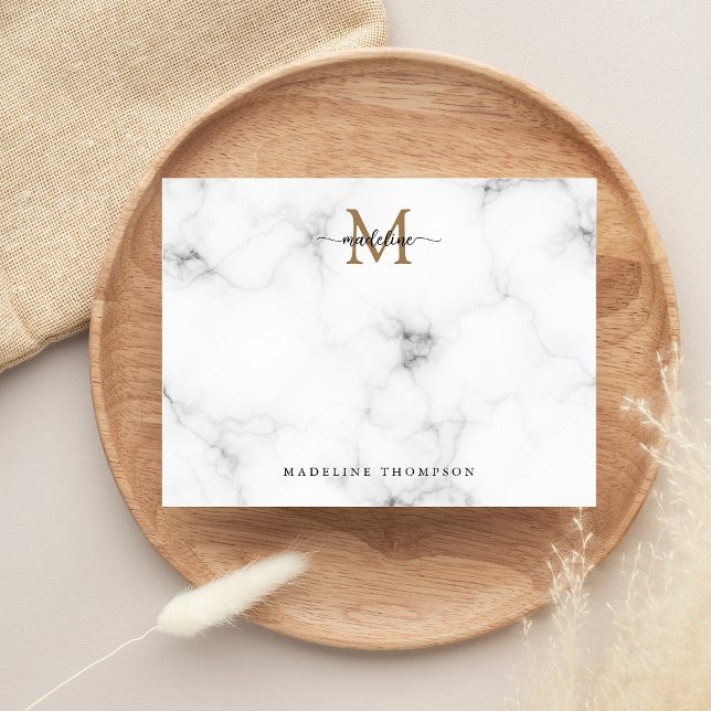 Modern Marble Gold Girly Script Monogram Mitteilungskarte (Von Creator hochgeladen)