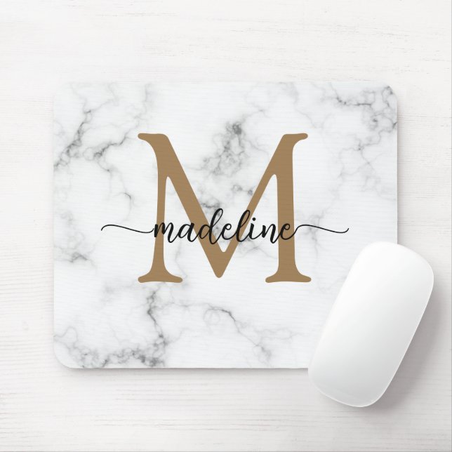 Modern Marble Gold Girly Script Monogram Mousepad (Mit Mouse)