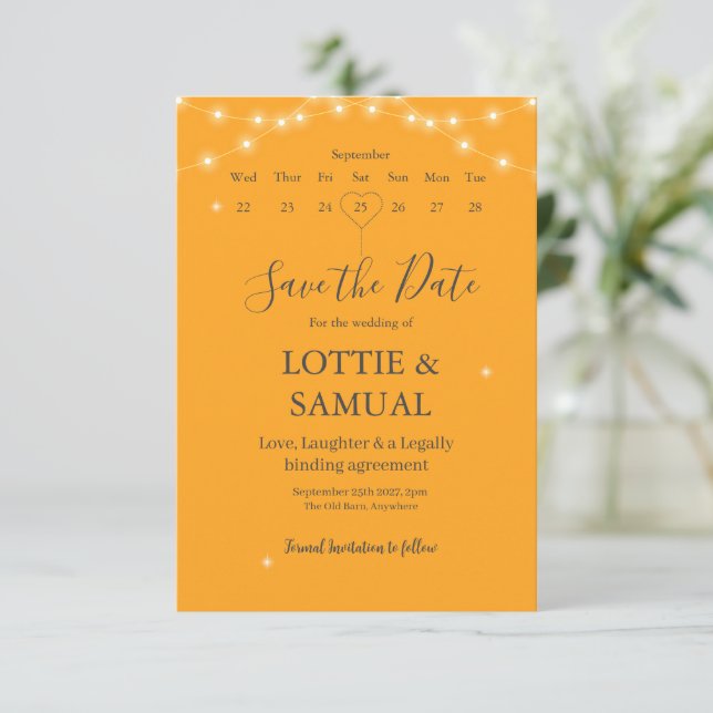 Modern Marigold fairy lights Save The Date (Stehend Vorderseite)