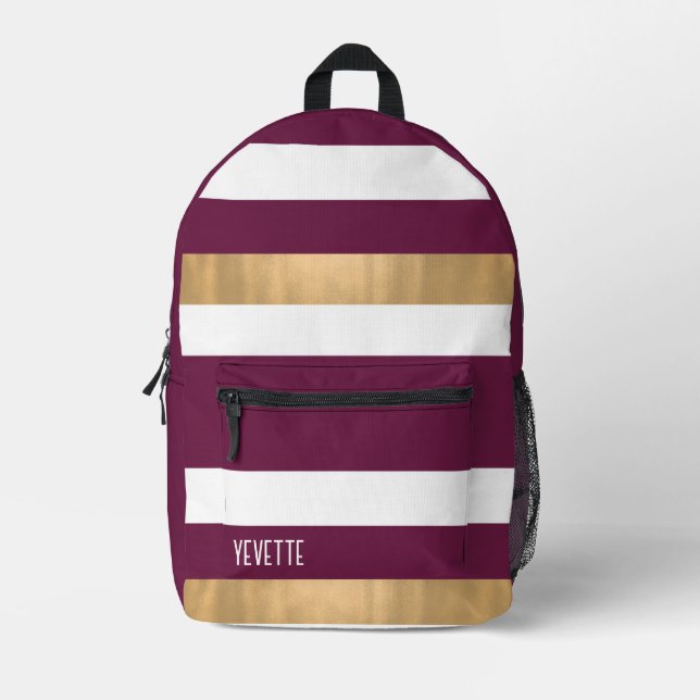 Modern Maroon Weiß und Gold fett gestreift Bedruckter Rucksack (Vorderseite)