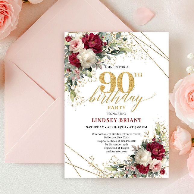 Modern Marsala Gold Floral 90th Birthday Invitatio Einladung (Modern Marsala Gold Floral 90th Birthday Invitation

)