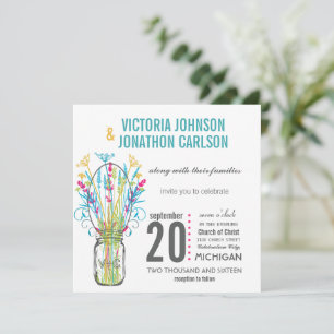 Modern Mason Jar Aqua Gelb Limon rosa Blütenblätte Einladung