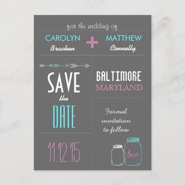 Modern Masonjar | Pfeilgraue Save the Date-Karte Ankündigungspostkarte (Vorderseite)