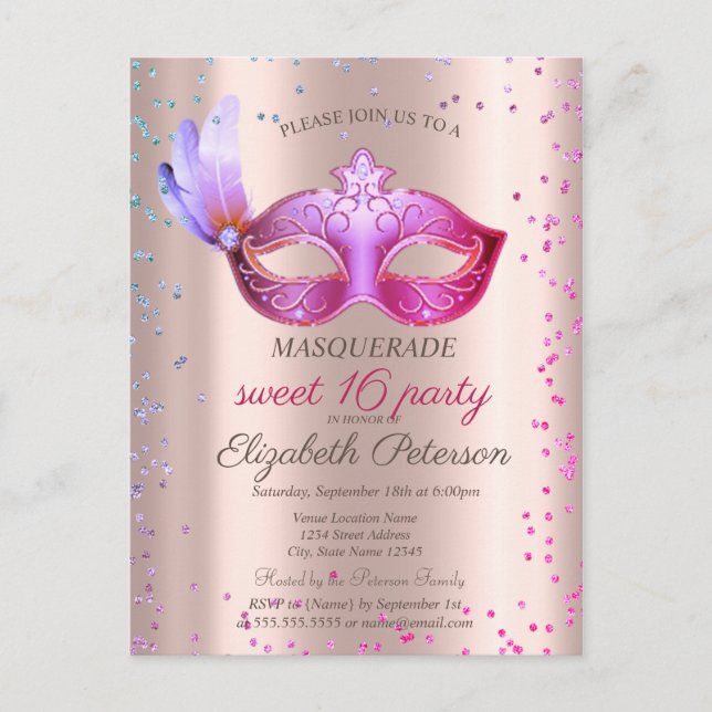 Modern Masque Diamonds Rose Gold Sweet 16 Einladungspostkarte (Vorderseite)