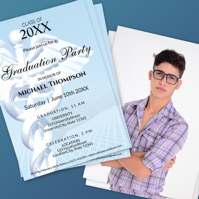 Modern Medical Caduceus Graduation | Photo Einladung (Von Creator hochgeladen)