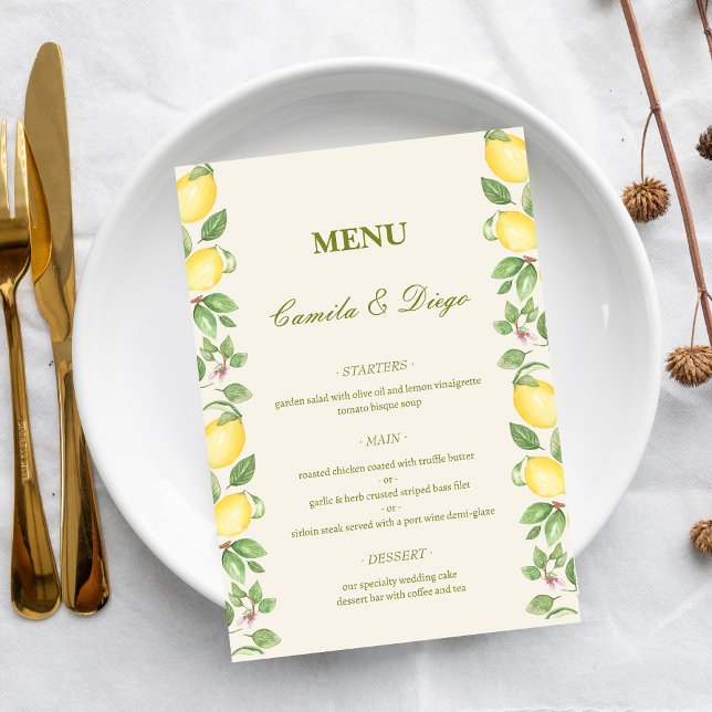 Modern Mediterranean Olive Lemon Elegant Wedding Menükarte (Von Creator hochgeladen)