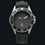 Modern Mensch Monogramm Name Schwarz-weiß personal Armbanduhr<br><div class="desc">Moderne,  mit Monogramm,  maskuline,  stilvolle schwarze Uhr mit weißer,  trendiger Typografie.            Personalisierter Name und Geschenk für ihn: Vater,  Vater,  Trauzeuge,  Trauzeuge,  Ehemann,  Sohn,  Freund zum Geburtstag,  Abschluss,  Hochzeiten oder bei anderen Gelegenheiten.</div>