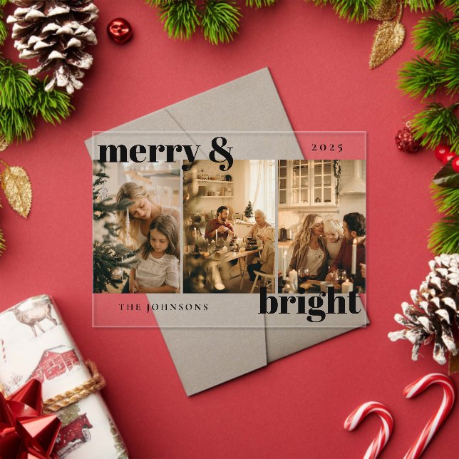 Modern Merry and Bright 3 Photo Holiday Card Acryleinladungen (Insitu (Feiertag))