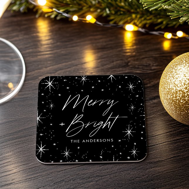 Modern Merry and Bright Script Black Holiday Rechteckiger Pappuntersetzer (Von Creator hochgeladen)