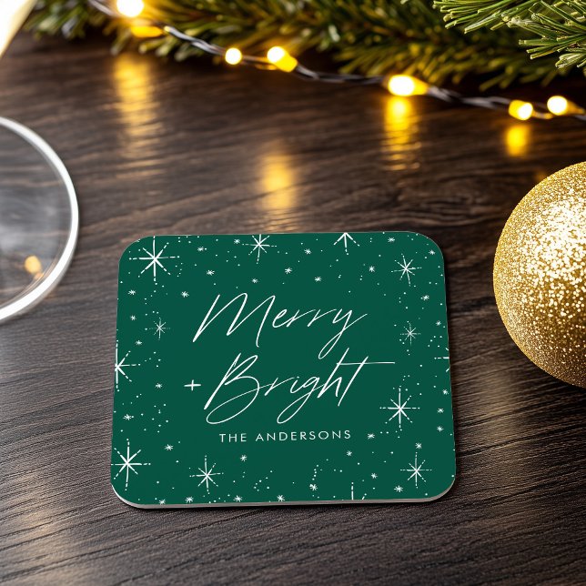 Modern Merry and Bright Script Green Holiday Rechteckiger Pappuntersetzer (Von Creator hochgeladen)