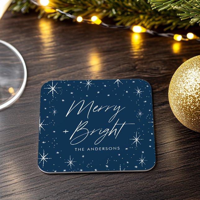 Modern Merry and Bright Script Navy Holiday Rechteckiger Pappuntersetzer (Von Creator hochgeladen)