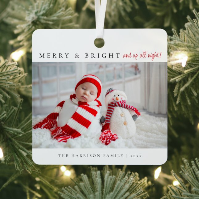 Modern Merry & Bright Birth Stats Photos Ornament Aus Metall (InSitu)