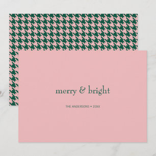 Modern Merry & Bright Christmas Green & Pink Feiertagskarte