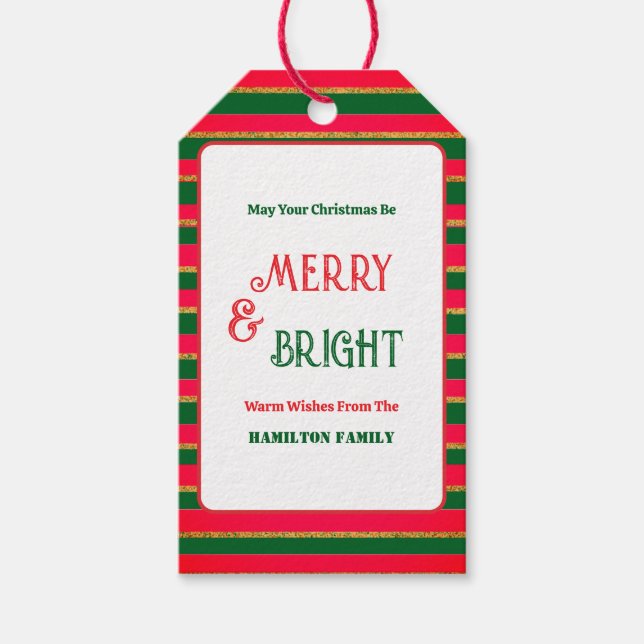 Modern Merry & Bright Red Green Stripes Weihnachte Geschenkanhänger (Vorderseite)