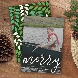 Modern Merry Calligraphy Vertikalfoto Botanical Feiertagskarte