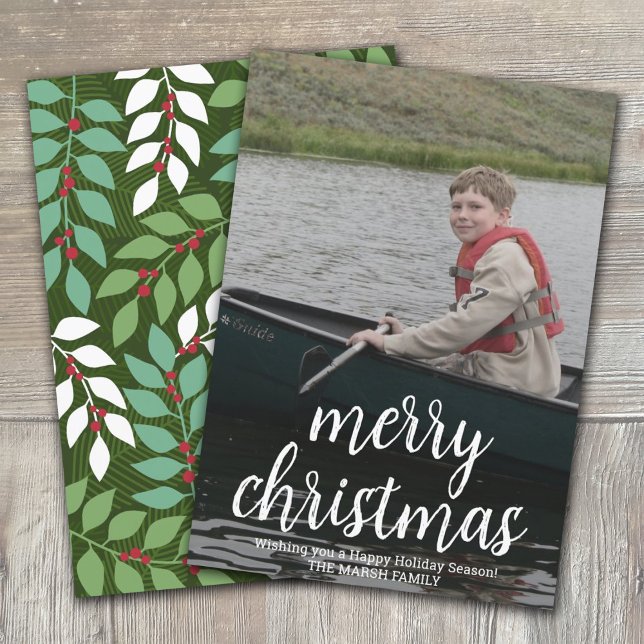 Modern Merry Calligraphy Vertikalfoto Botanical Feiertagskarte (Von Creator hochgeladen)