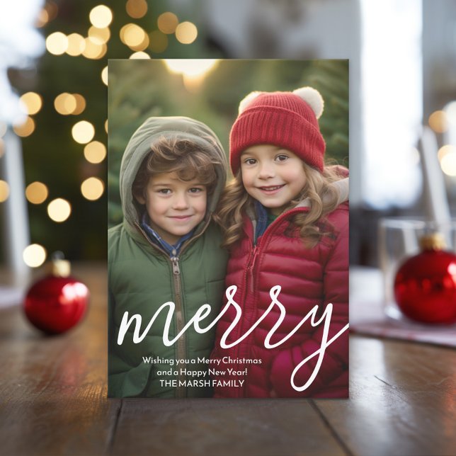 Modern Merry Calligraphy Vertikalfoto Botanical Feiertagskarte (Christmas Photo Card)