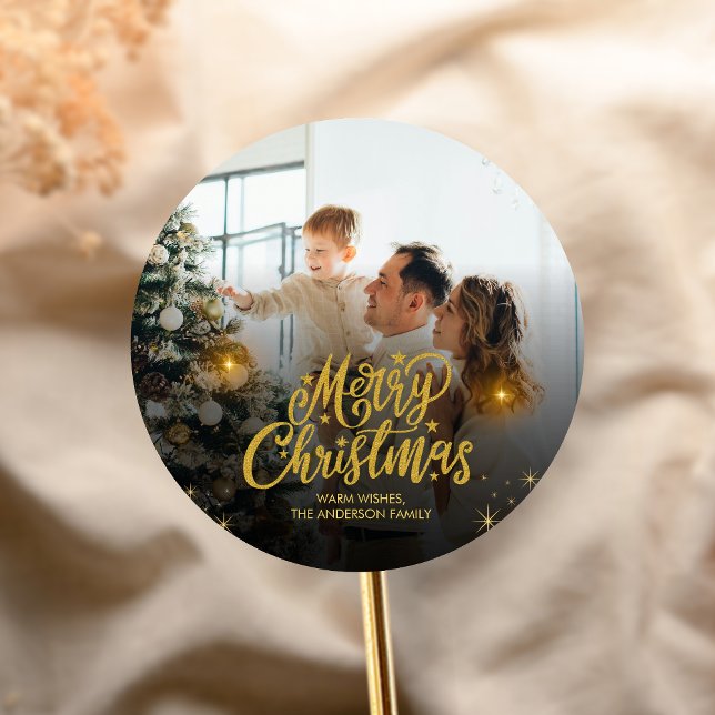 Modern Merry Christmas Family Photo Runder Aufkleber (Modern Christmas Family Holiday Sticker)