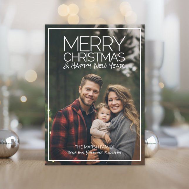 Modern Merry Christmas HNY - 1 Full Photo Feiertagskarte (Modern, Minimal Christmas Photo Card)