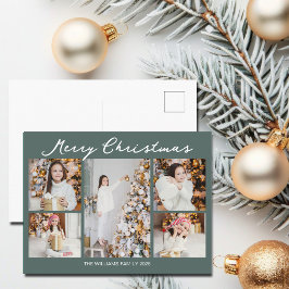 Modern Merry Christmas Photo Collage Grey Green Feiertagspostkarte