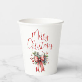 Modern Merry Christmas Script Holly Bow Pappbecher
