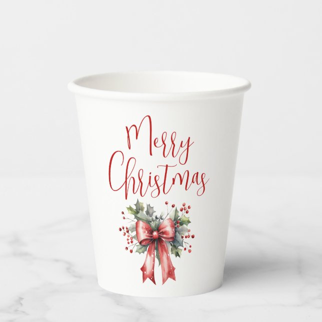 Modern Merry Christmas Script Holly Bow Pappbecher (Vorderseite)