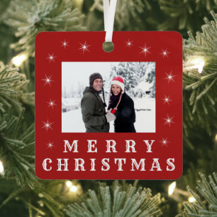 Modern Merry Christmas Snow Family Photo Red Ornament Aus Metall